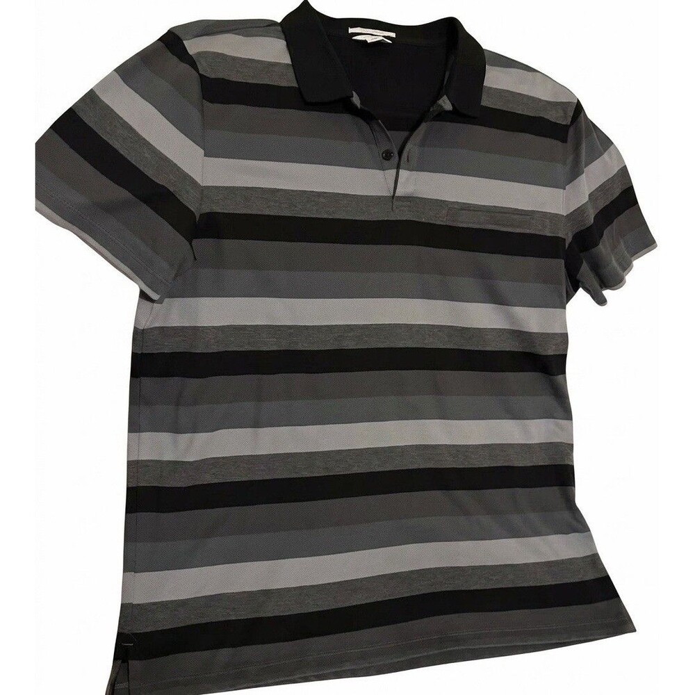 Calvin Klein Liquid Cotton Slim Fit Polo Shirt,Large, Grey Black Striped Pocket